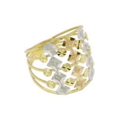 Anel Losango Tricolor Vazado Diamantado em Ouro Amarelo 18 Kilates - 25100
